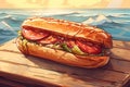 delicious mouth-watering sandwich on a bench with waves on the background