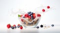 Delicious Muesli Bowl with Fresh Berries - Healthy Breakfast Concept on White Background.