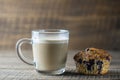 Delicious muffin with blueberries and cappuccino glass cup on a wooden table, closeup. Fresh cupcake and coffee for breakfast