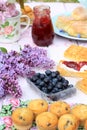 Delicious muffins on a wooden pink table, fresh breakfast in the Spring garden Royalty Free Stock Photo