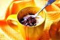Delicious Mug Cake, chocolate cherry cake cooked in a cup in the microwave Royalty Free Stock Photo
