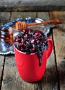 Delicious Mug Cake, chocolate cherry cake cooked in a cup in the microwave Royalty Free Stock Photo