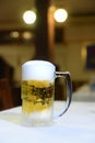 Delicious mug of super cold and refreshing draft beer on the table in the blurred background Royalty Free Stock Photo