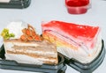 Delicious multi-colored coffee crepes and cakes