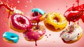 Delicious multi-colored donuts on a colored background