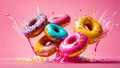 Delicious multi-colored donuts on a colored background cream snack concept