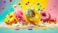 Delicious multi-colored donuts on a colored breakfast cream snack concept gastronomy