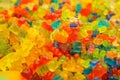 Delicious multi-colored fruit marmalade. unhealthy bright candies in bulk. different jelly photo close. tasty sweets in the candy