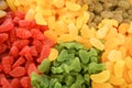 Delicious multi-colored fruit marmalade. unhealthy bright candies in bulk. different jelly photo close. tasty sweets in the candy