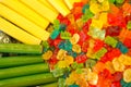 Delicious multi-colored fruit marmalade. unhealthy bright candies in bulk. different jelly photo close. tasty sweets in the candy