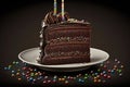 delicious multi-layered chocolate birthday cake on plate with sprinkles and candles