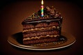 delicious multi-layered chocolate birthday cake on plate with sprinkles and candles