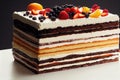 Delicious multi-layered fruit cake with creamy cream and berries