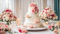 delicious multi-tiered wedding cake, flowers bridal dessert food ceremony Royalty Free Stock Photo