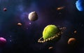 Delicious multicolored ice cream balls in the form of planets in space. Royalty Free Stock Photo