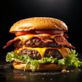 Delicious Multilayered Burger With Bacon, Cheese, And Lettuce Royalty Free Stock Photo