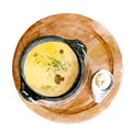 Delicious mushroom soup on a wooden round stand with sour cream and herbs. Watercolor illustration isolated on white background.