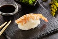 Delicious natural sushi with shrimp close up