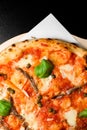 Delicious Neapolitan pizza with anchovy, capers, mozarella cheese sprinkled with garlic chips and fresh basil leaves. Royalty Free Stock Photo