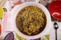 Delicious Nigerian Egusi soup cooked with assorted meat Royalty Free Stock Photo