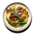 Delicious Noodles Dish With Roasted Herring Steak And Asparagus Royalty Free Stock Photo