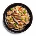 Delicious Noodles Dish With Roasted Pollock Steak And Artichoke