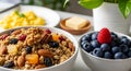 Healthy breakfast spread with granola blueberries and scrambled eggs Royalty Free Stock Photo
