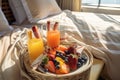 Delicious and nutritious breakfast served on cozy bed from top view, perfect for a relaxing morning Royalty Free Stock Photo