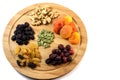 Delicious nutritious dried fruits and nuts on a wooden kitchen board. Royalty Free Stock Photo