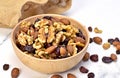 Delicious nuts arrangement in a wooden bowl Royalty Free Stock Photo