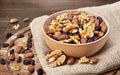 Delicious nuts arrangement in a wooden bowl Royalty Free Stock Photo