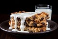 Delicious Oatmeal Cookies and Chilled Milk Stack on Rustic Wooden Table with Copy Space