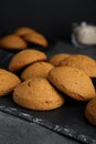 Delicious oatmeal cookies on grey table, closeup