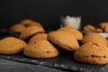 Delicious oatmeal cookies on grey table, closeup