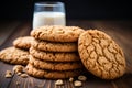 Delicious Oatmeal Cookies and Milk Stack on Rustic Wooden Table with Copy Space for Text