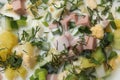 Delicious okroshka soup as background, top view Royalty Free Stock Photo