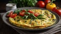 Delicious Homemade Omelette with Fresh Basil and Tomatoes for a Healthy Breakfast Royalty Free Stock Photo