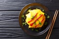 Delicious omurice omelette stuffed with rice, chicken and vegetables served on a plate. Horizontal top view Royalty Free Stock Photo