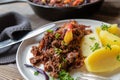 One pot ground beef red cabbage skillet with potatoes and sauteed apples on a plate Royalty Free Stock Photo