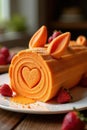 Delicious orange cake roll with heart-shaped cutout and ear decorations. Generative AI Royalty Free Stock Photo