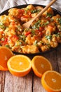 Delicious orange chicken fillets close-up on the table. vertical