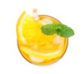 Delicious orange lemonade made with soda water isolated on white, top view