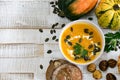 Organic pumpkin soup in a white bowl framed by chestnuts pumpkins parsley and chestnut bread with copy space Royalty Free Stock Photo