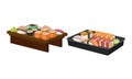 Delicious Oriental Sushi Set on Wooden and Plastic Tray Vector Set