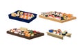 Delicious Oriental Takeaway Sushi Set on Wooden Plank Vector Set