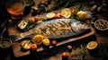 Appetizing marinated sea bass with accompaniment presented on a wooden board. Generative Ai