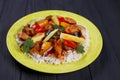 Delicious Pan-Asian food, appetizing spicy rice with chicken, pi