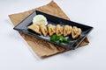 Delicious pan fried Asian gyoza stuffed with meat, served on a black plate. Japanese Jiaozi or dumplings isolated on white