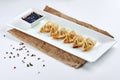 Delicious pan fried Asian gyoza stuffed with meat, served on a white plate. Japanese Jiaozi or dumplings isolated on white