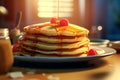 Delicious pancakes with berries and syrup